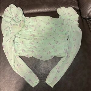 Forever 21 Green Ruched Ruffled Long Sleeve Blouse